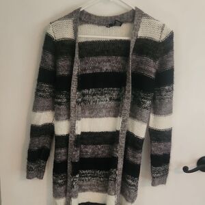 Ultra Flirt Black, Gray, and White Striped Cardigan